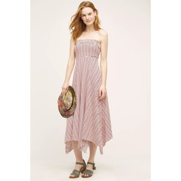 Anthropologie Maeve Caleta Strapless Red White Striped Handkerchief Hem Dress M - Picture 7 of 9